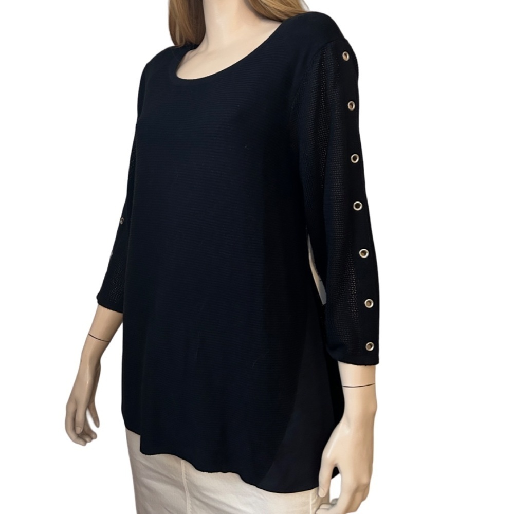 TRIBAL Sweater Tunic Pullover Top Silver Grommets ¾ Sleeve Hi Low Chiffon Panels